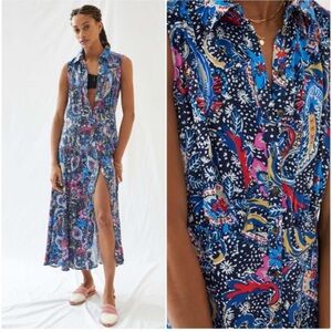 Anthropologie Floral Button Down Blue Pink Satin Maxi Dress Size XS 4 Maeve